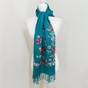 29 Palms Teal Scarf Wrap Shawl Floral Embroidered Fringe One Size